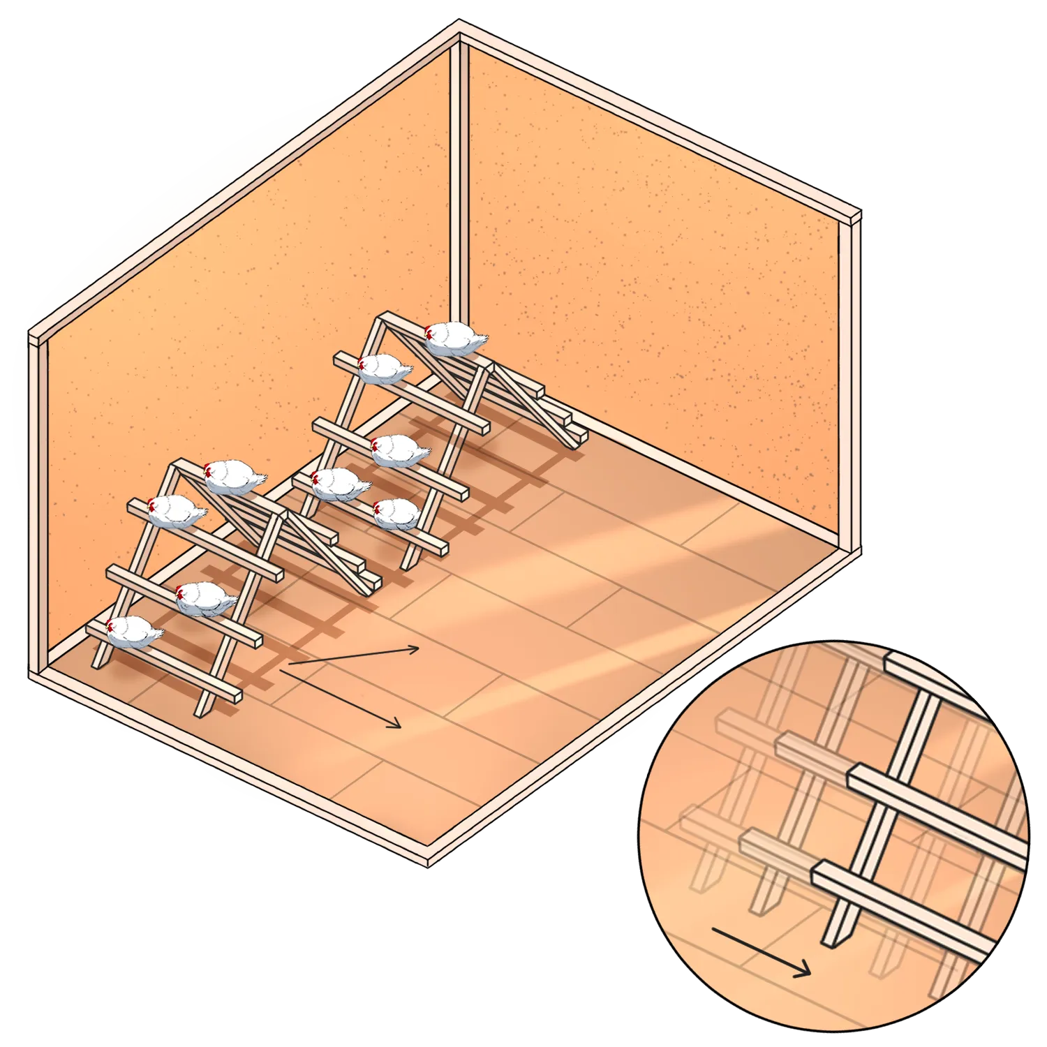 movable chicken roosts are recommending for easy cleanup 